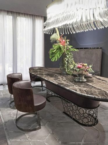 Marble Oval Dining Table Set, For Restaurant, Hotel, Home, Garden, Cafe, Fabric Material : Leather