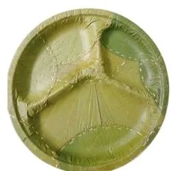 Green Circular 3 Compartment Sal Leaf Plate, For Food Serving