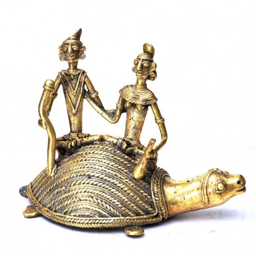 Golden Polished Dhokra Metal Tortoise Riding, For Shop, Hotel, Home, Packaging Type : Box