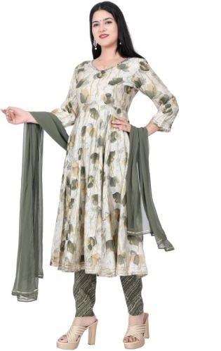 Printed V-Neck CHANDERI Anarkali Ladies Suits, Occasion : Casual Wear