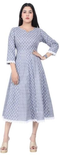 V-Neck Printed Cotton Gown, Technics : Yarn Dyed