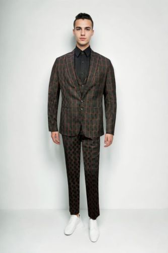 Black Base Maroon Checks Suit Set For Rental