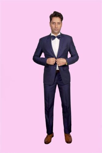 Ink Blue Suit In Suiting Fabric With Double Pocket and Bow Tie For Rental