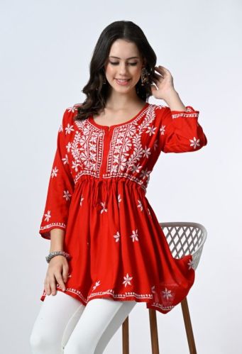 Embroidered Red Viscose Short Kurti, Technics : Machine Made