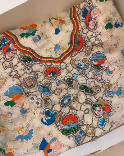 Polyester Handwork Printed Fabric, Color : Yellow Ethnic Wear