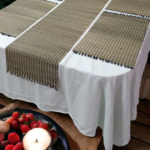 Four Seater Natural Korai Grass Beige Embroidered Table Place Mat