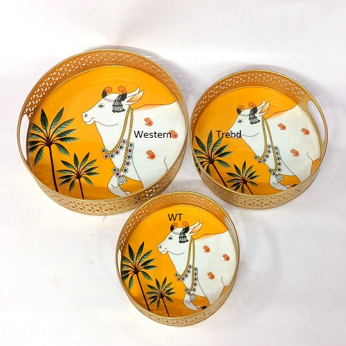 Western Trend Metal Cow Pichwai Tray 8, 10, 12 inch