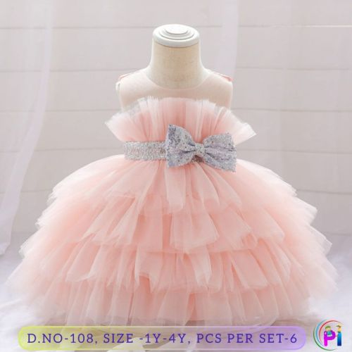 Fancy Net Peach Party Wear Frock, Technics : Machine Made