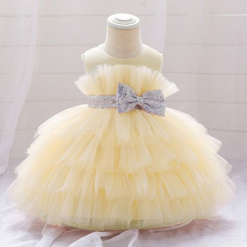 Floral Yellow Girls Party Wear Net Frock