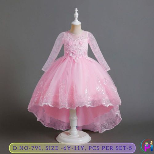 Pink Kids Girls Party Wear Frock, Technics : Machine Made