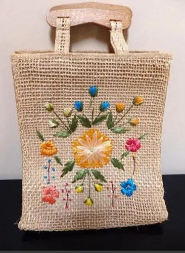 Natural Brown Embroidered Jute Bag