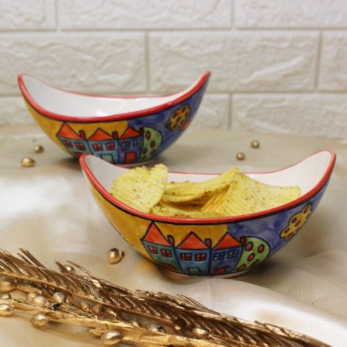 Exotic Panorama Hut Hand Painted Ceramic Snack Bowl Set