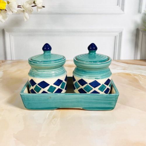 Turquoise Checkered Pickle Jar Set With Tray