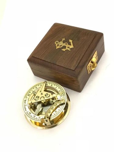 Solid Brass Sundial With Wooden Box For Promotional Work, Gift Item, Direction Tracking, Laboratory, Ship