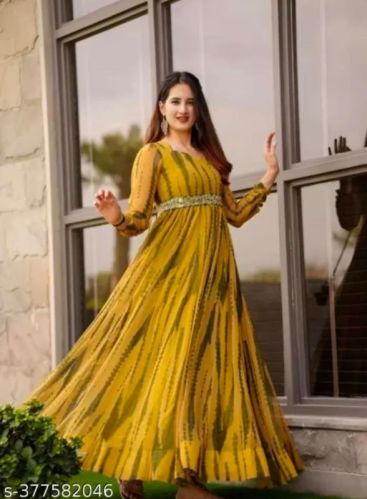 Printed V-neckline Georgette Dress, Color : White, Yellow