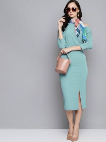 YNF Round Neck Cotton Blend Midi Dress, Sleeves Type : 3/4 Sleeves