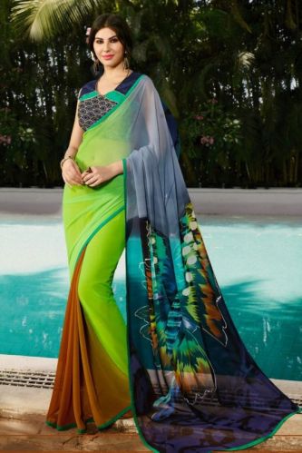 Stitched Ladies Printed Georgette Saree, Age Group : Adults