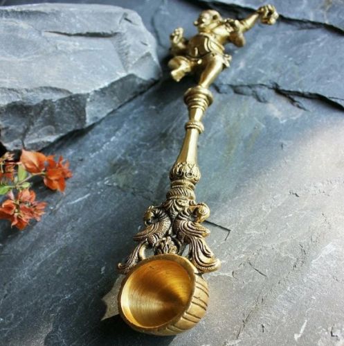 Ancient Brass Ganesha Aarti/Pooja/Hawan Spoon With Ganesha On Top