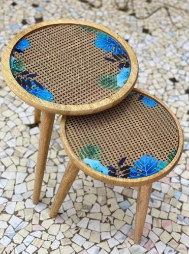 Floral Design Wood Side Table Pair, For Restaurant, Office, Hotel, Home