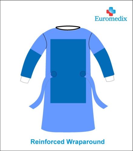 Euromedix Healthcare Plain SMMS Fabric Reinforced Wraparound Surgeons Gown For Hospital, Surgical, Medical