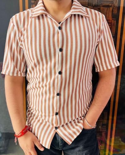 Mens Half Sleeve White & Peach Striped Shirt