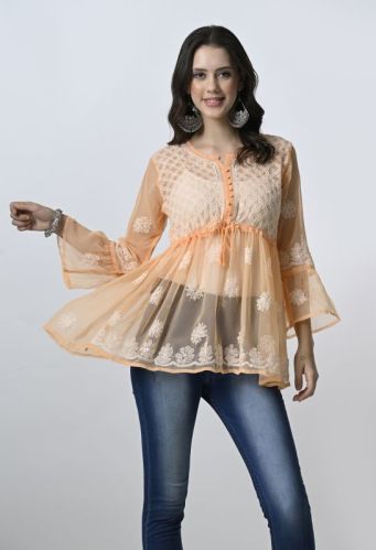 3/4th Sleeve Embroidered Beige Georgette Short Kurti, Technics : Machine Made