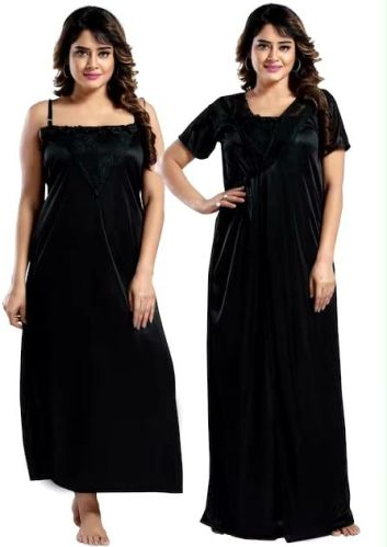 Satin Two Pcs Nighty (Black)