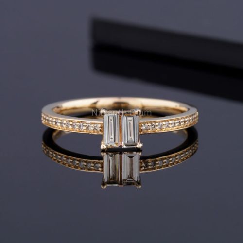 Polished Gold Lab Grown Two Baguette Diamond Ring, Packaging Type : Velvet Box