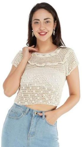 Ladies Embroider Neckline White Crop Top