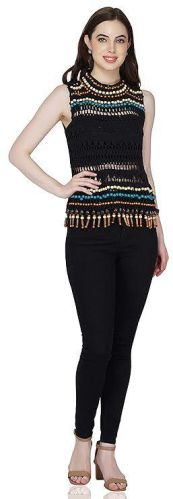 Plain Women Crochet Beaded Top, Sleeve Style : Sleeveless