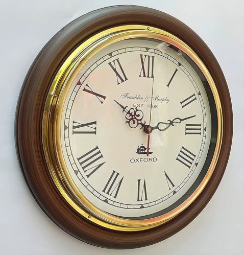 Wooden Wall Clock With Brass Frame, For Home, Office, Decoration