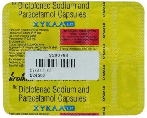 Diclofenac Sodium and Paracetamol 25mg Capsules, Packaging Type : Strips