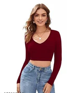 Solid V Neck Rib 2*2 Lycra Ladies Button Crop Top, Sleeve Style : Full Sleeve