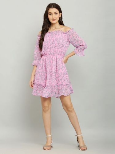 Floral Off Shoulder Georgette Ladies Printed Short Dress, Length : Above Knee/Mid Thigh Length