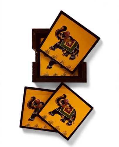 Giftsncraft Hand-painted Wooden Coasters (Elephant Design)