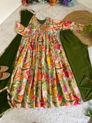 Printed V-Neck Cotton Anarkali Ladies Suits, Technics : Hand Made