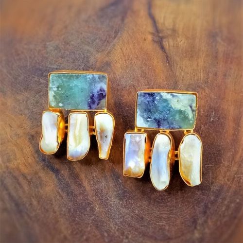 Indiacz.com Brass Polished Baroque Pearl Designer Earrings