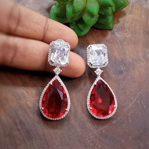 Indiacz Polished Designer Red Oval Shape American Diamond Earrings
