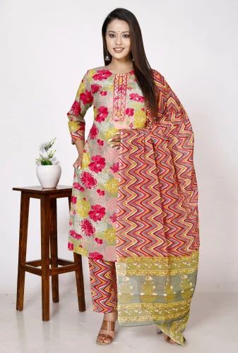 Ladies Cotton Kurti With Pant and Dupatta Set