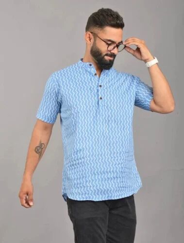 Mens Half Sleeves Blue Short Kurta