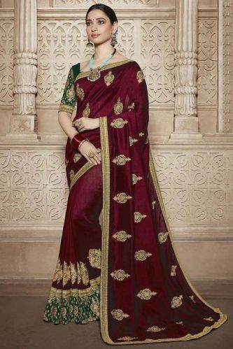 Ladies Maroon Velvet Embroidered Sarees, Technics : Machine Made
