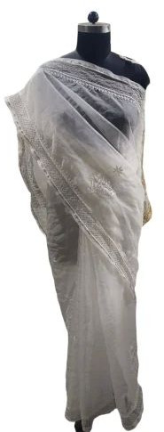Cotton White Organza Chikan Saree, Speciality : Easy Wash, Shrink-Resistant