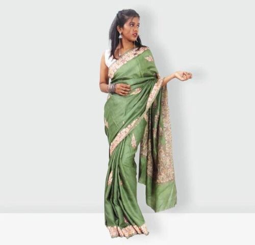 Malachite Magic Green Tussar Silk Kashmiri Hand Embroidery Saree