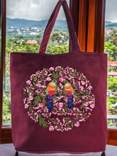 Velvet With Embroidery Design Premium Tote Bag, Color : Multi