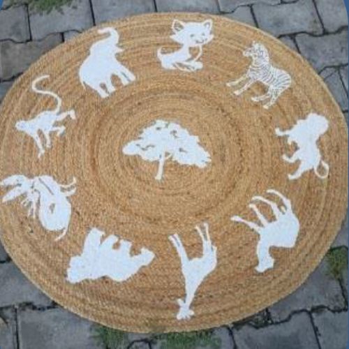 Animal Printed Jute Round Rug For Living Room, Bedroom