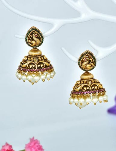 Polished Metal Peacock Zirconia Jhumka, Shape : Round