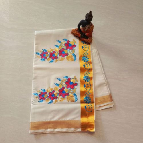 Mayooga floral Kerala Cotton Saree for Embroidery