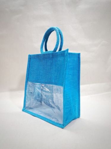 Blue Jute Bag With Window For Gift Packaging
