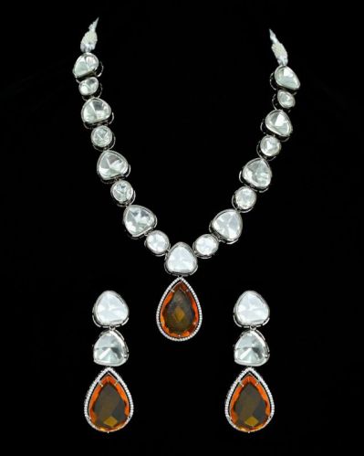Polished Diamond Polki Necklace Set, Work : Stone