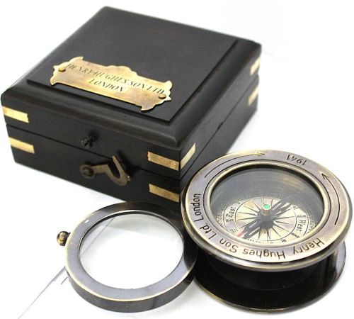 Brass Compass With Magnifying Glass With Wooden Box